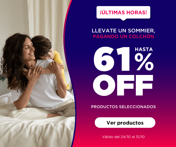 Últimas horas para llevarte un sommier, pagando un colchón 58% OFF en Productos seleccionados Válido del 24/10/2024 al 31/10/2024